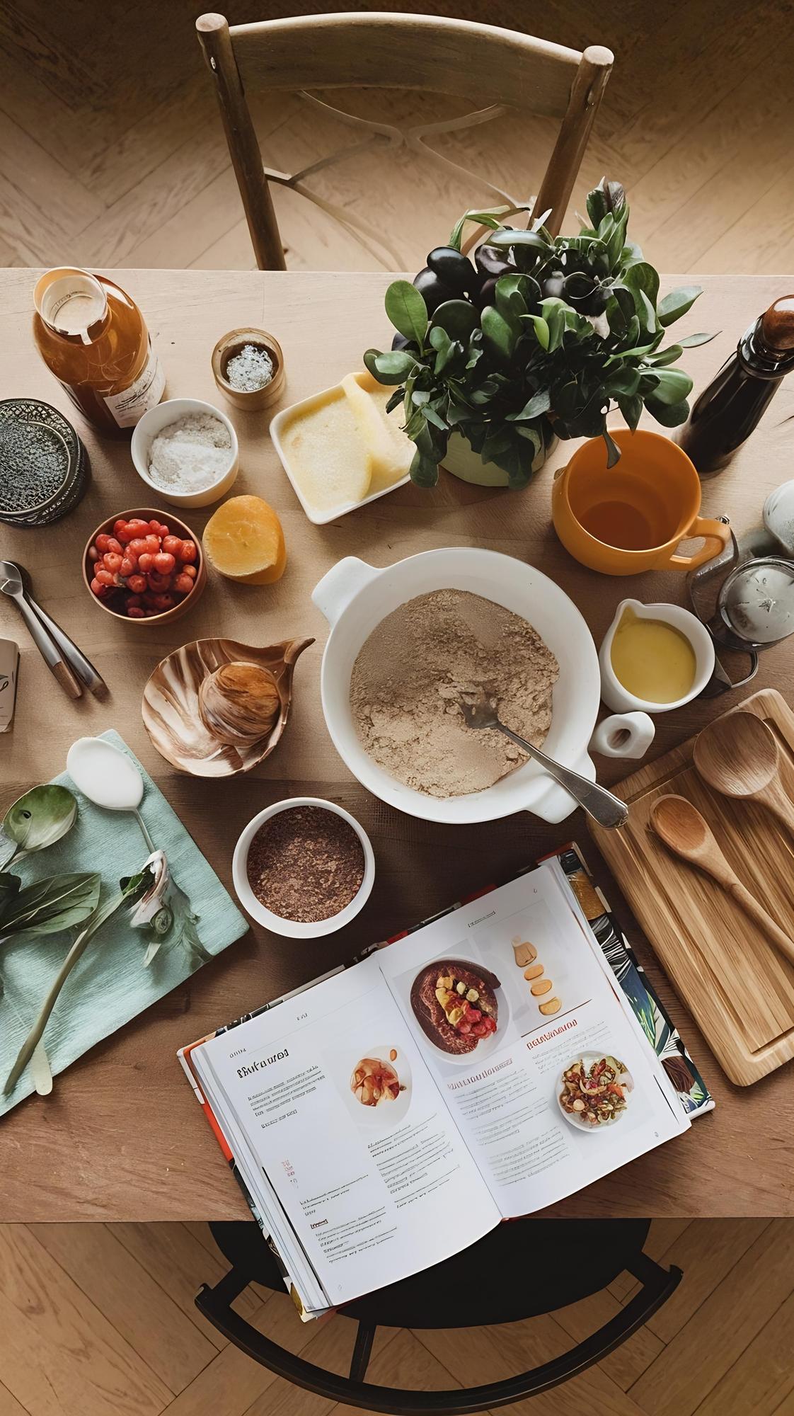 Workshop table with annotated recipe sheets and fresh herbs